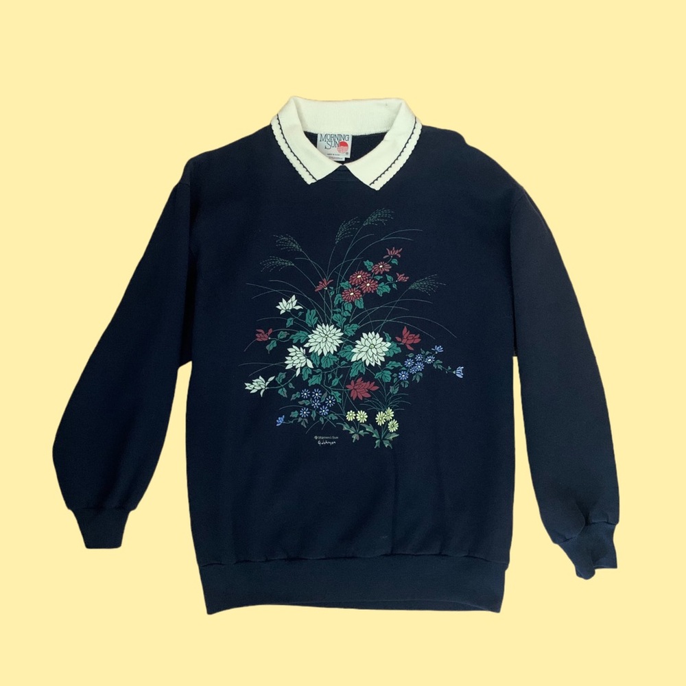 Vintage 90s Navy and White Floral Collared Sweater by Morning Glory 💙🤍